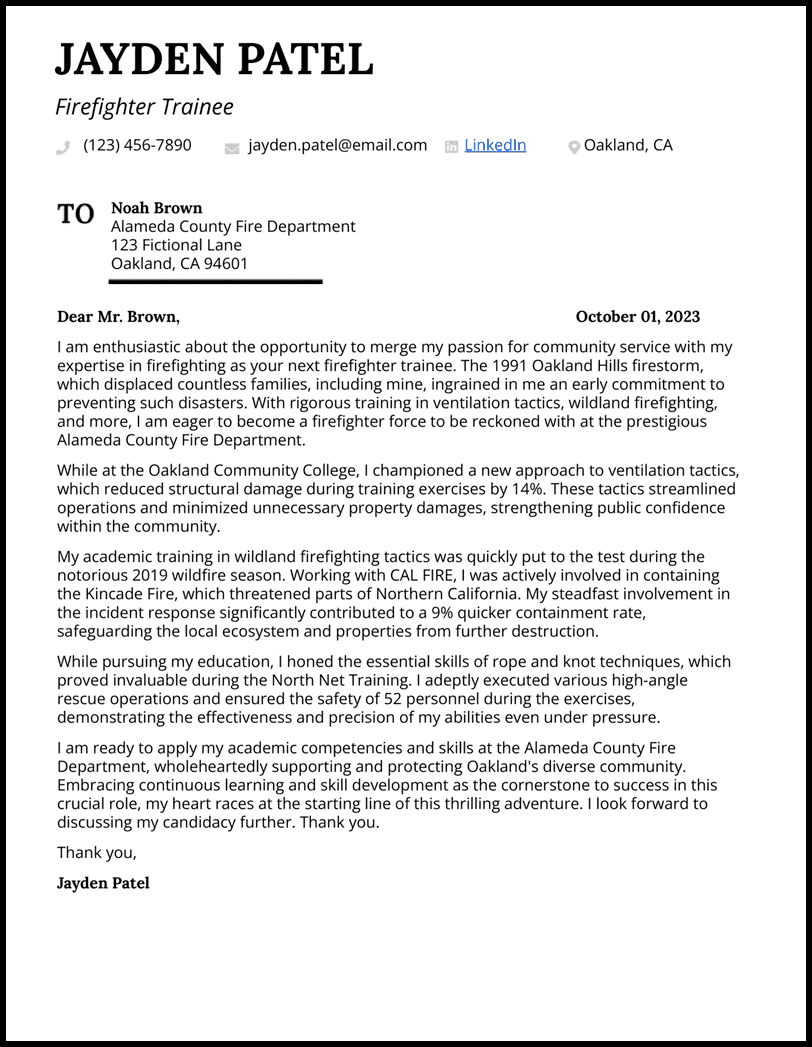 cover letter sample for firefighter job