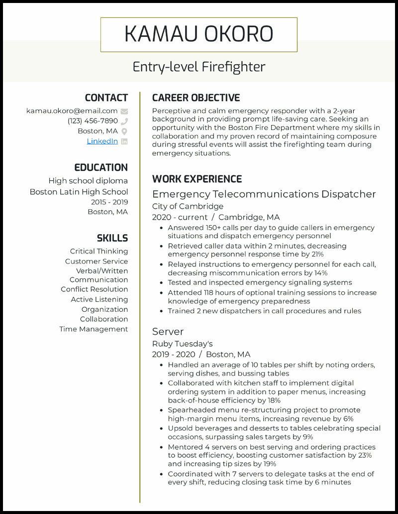 Entry-level firefighter resume example with 3 years of experience