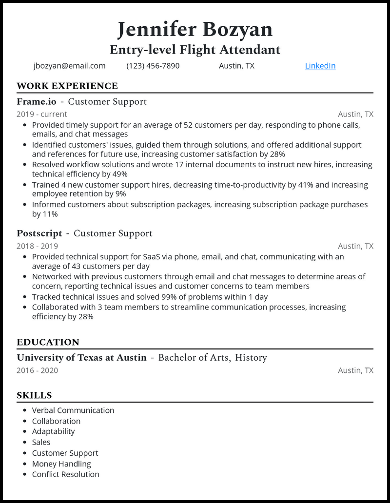 Formal entry level flight attendant resume example