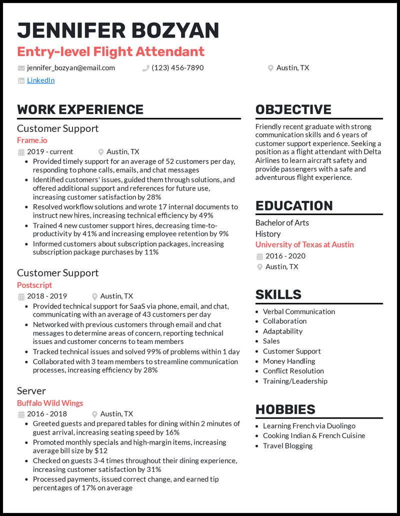 entry level flight attendant skills resume