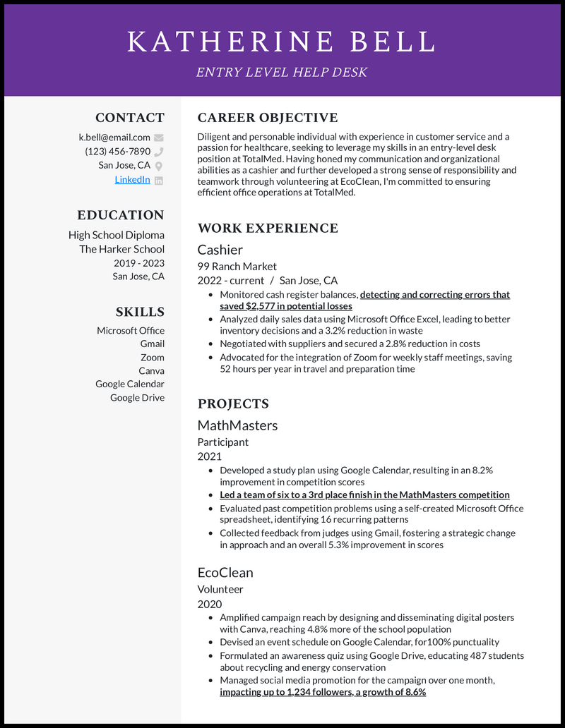 Entry level help desk resume example with retail cashier experience 