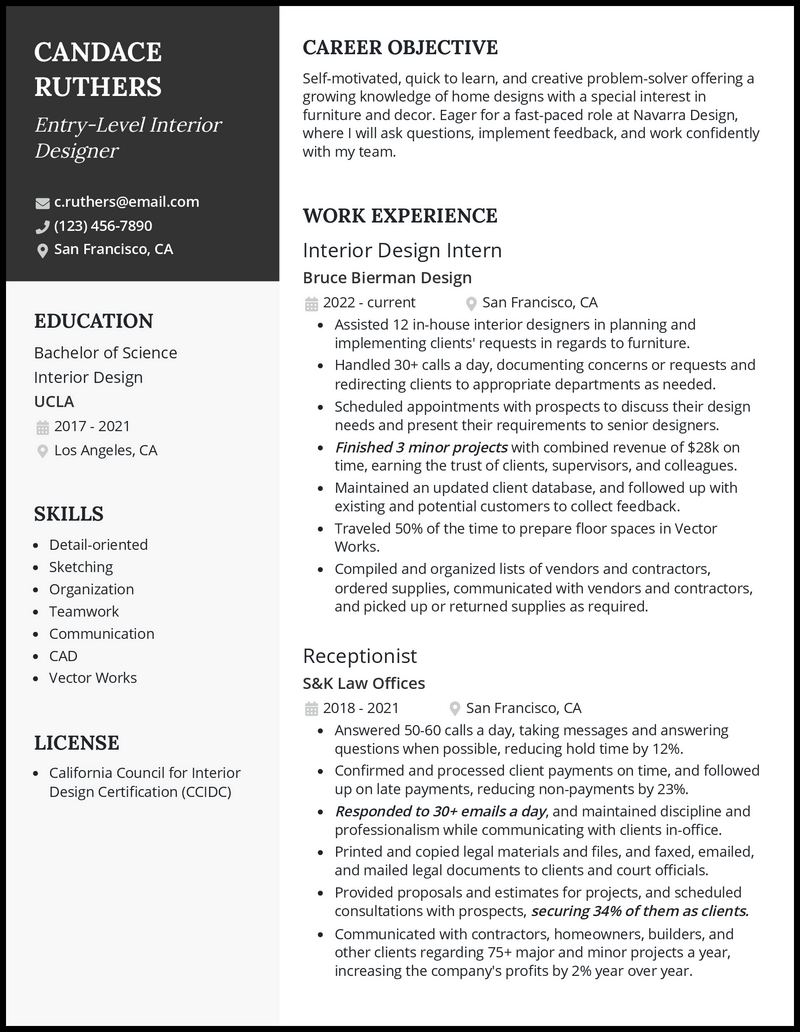 Modern entry level interior design resume example with 1 year experience