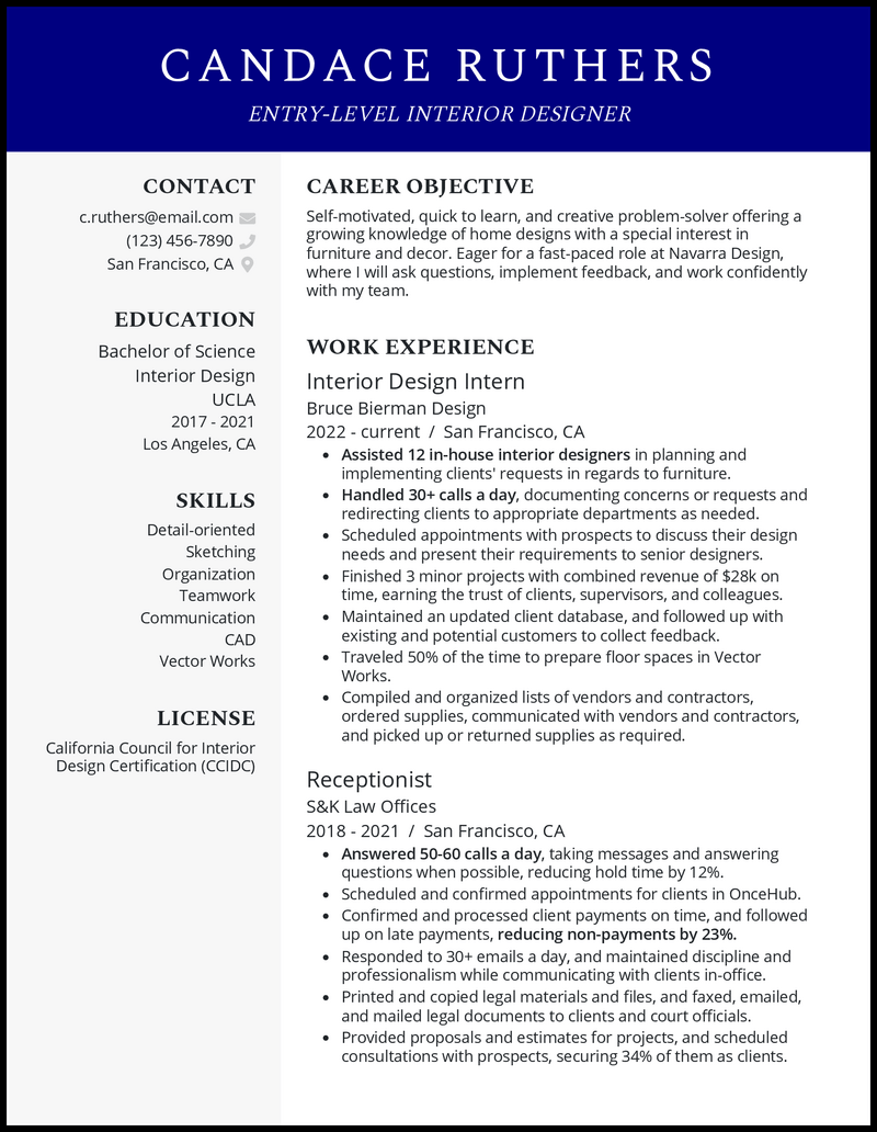 Entry level interior design resume example with 1 year experience