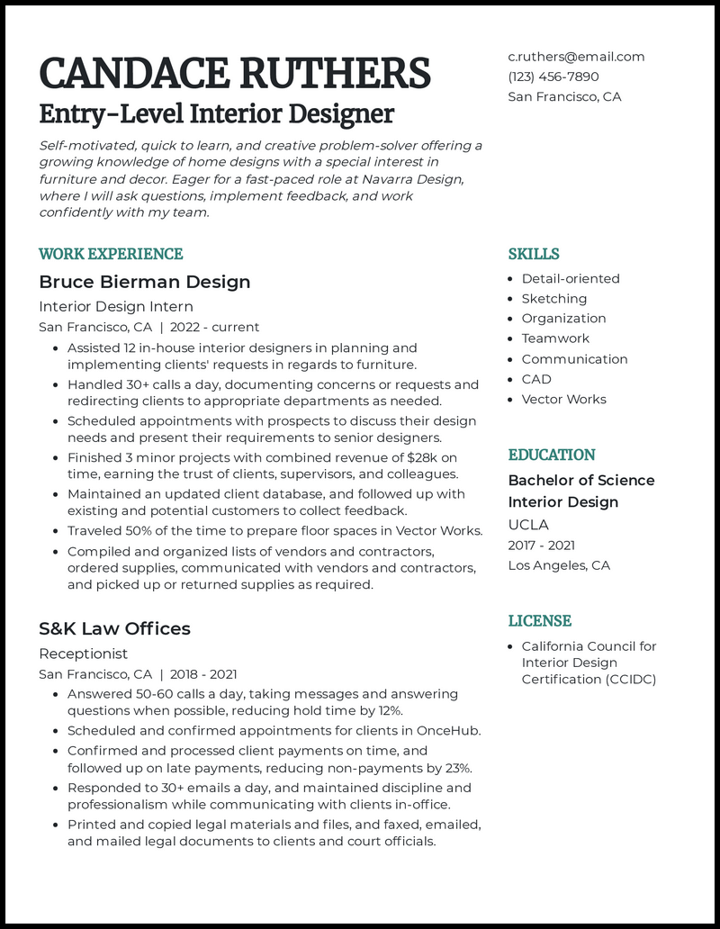 Entry Level Interior Design Resume Example 