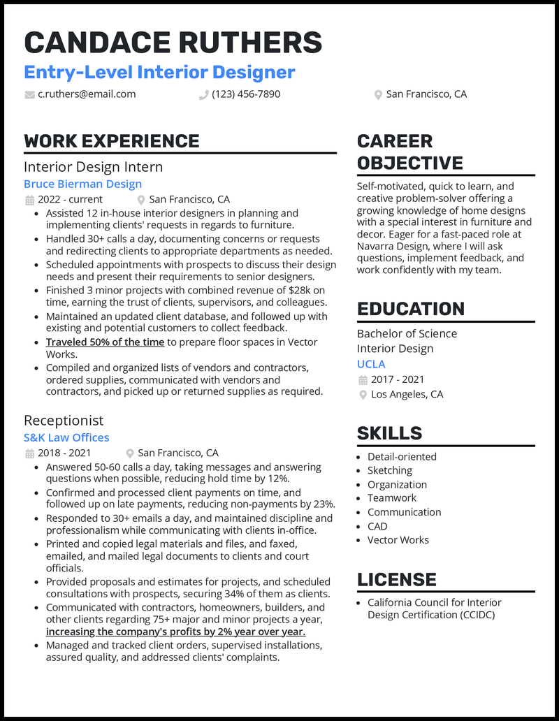 Professional entry level interior design resume example with 1 year experience