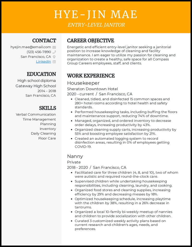 Entry-level janitor resume example with 5 years of experience