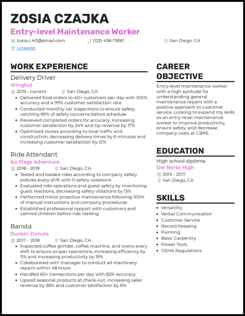 Entry-level maintenance worker resume example with 0 years of experience 