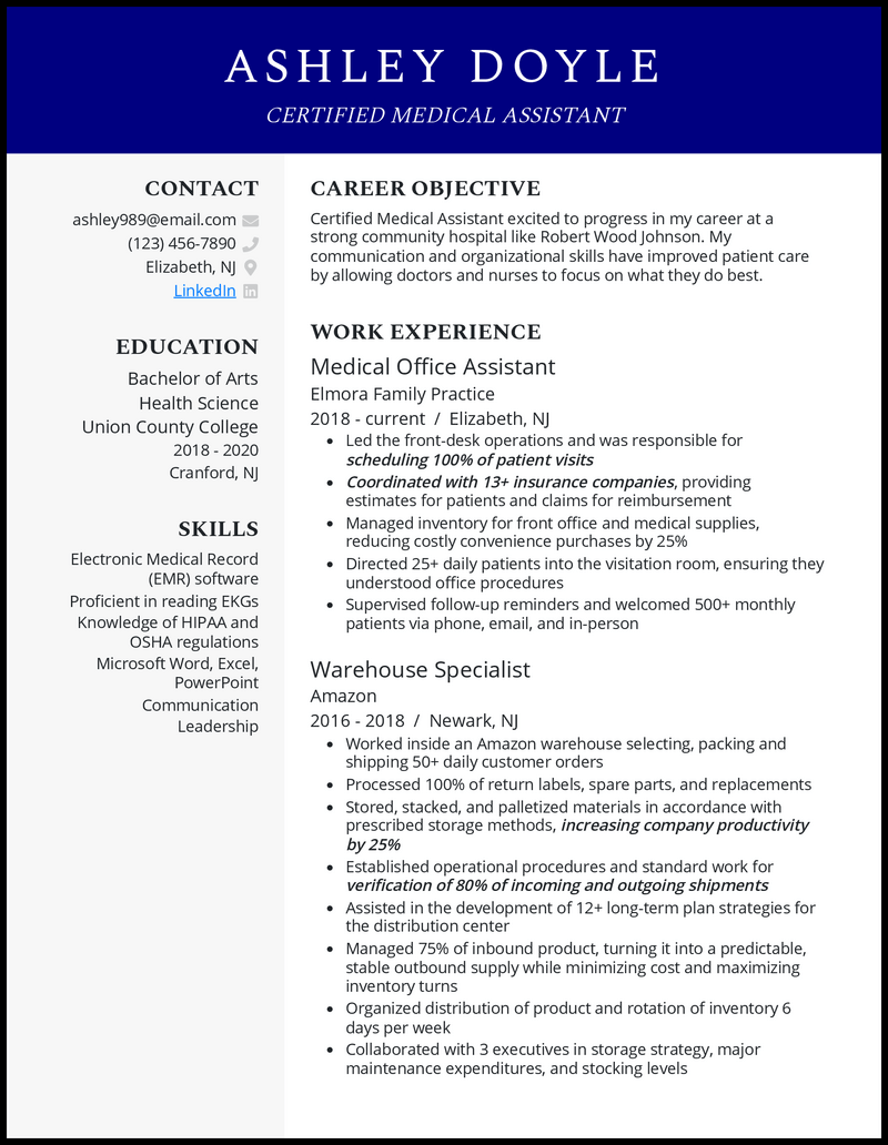 Entry Level Medical Assistant Official Resume Example 