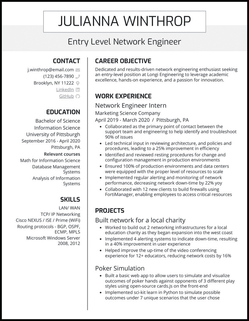 Entry Level Network Operations Resume Examples 17 Network Engineer Resume Samples That Worked in 2025