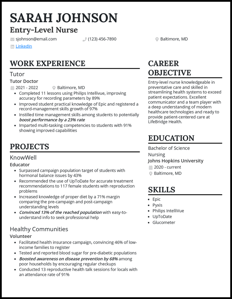 Entry-level nurse resume example with tutoring experience 