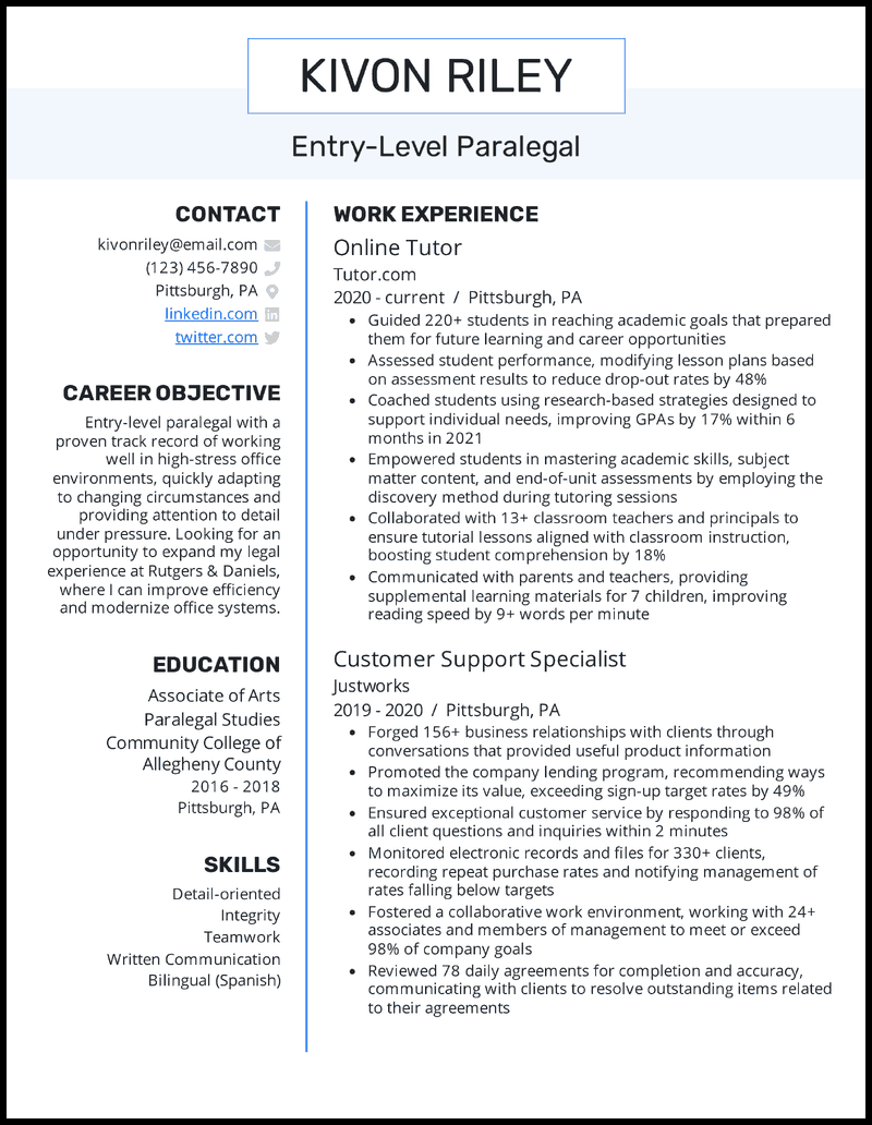 Entry-level paralegal resume example with 0 years of experience