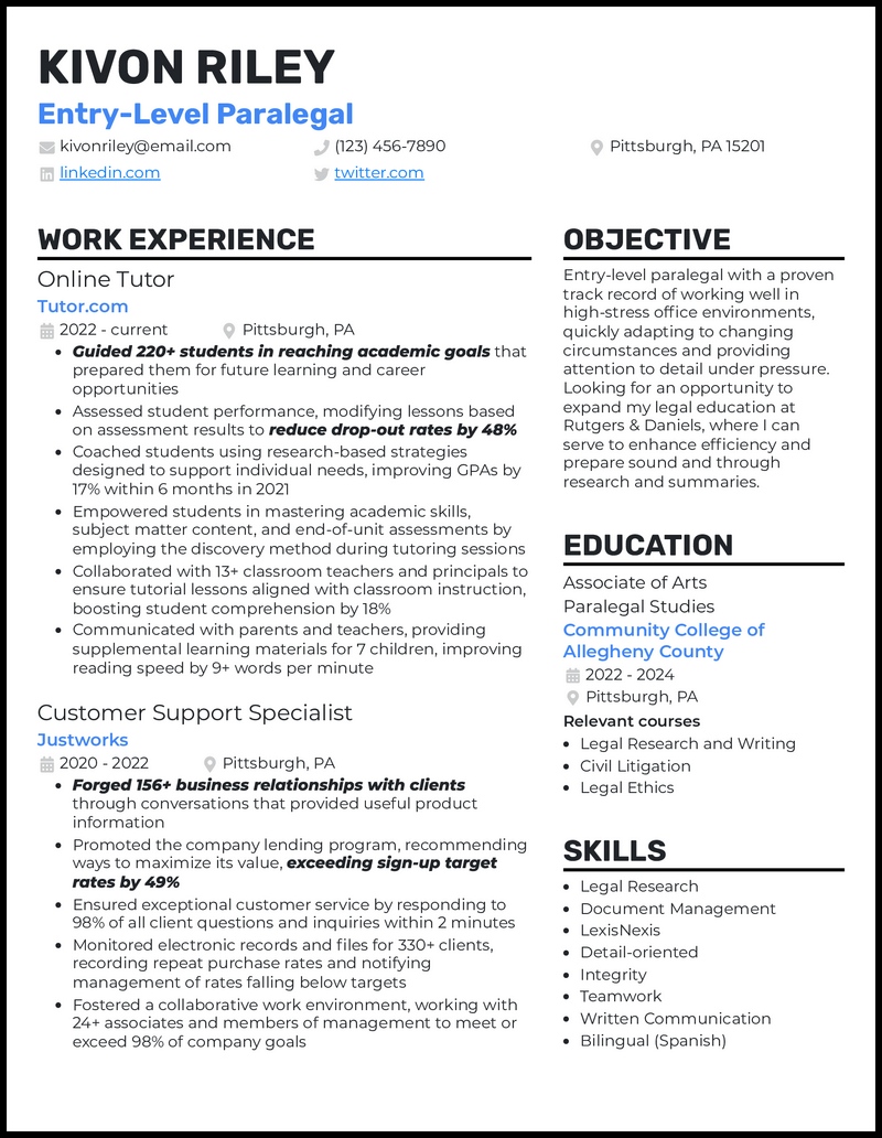 Entry level paralegal resume example with no experience