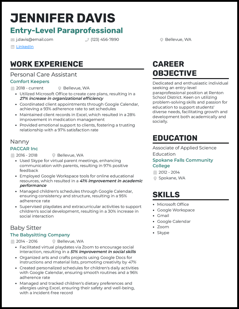 Entry-level paraprofessional resume example with nanny experience