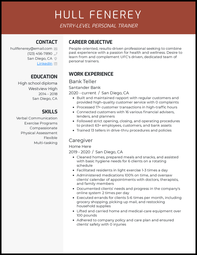 Entry-level personal trainer resume example with 0 years of experience 