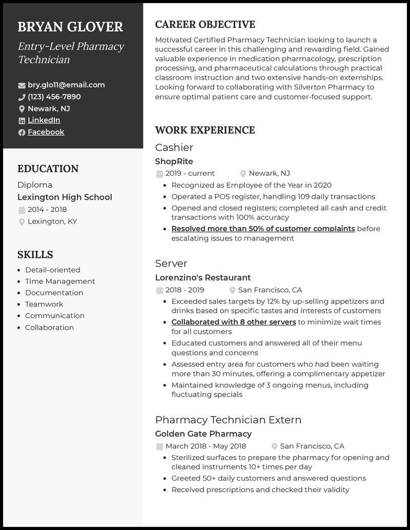 Elegant entry level pharmacy technician resume example with no experience