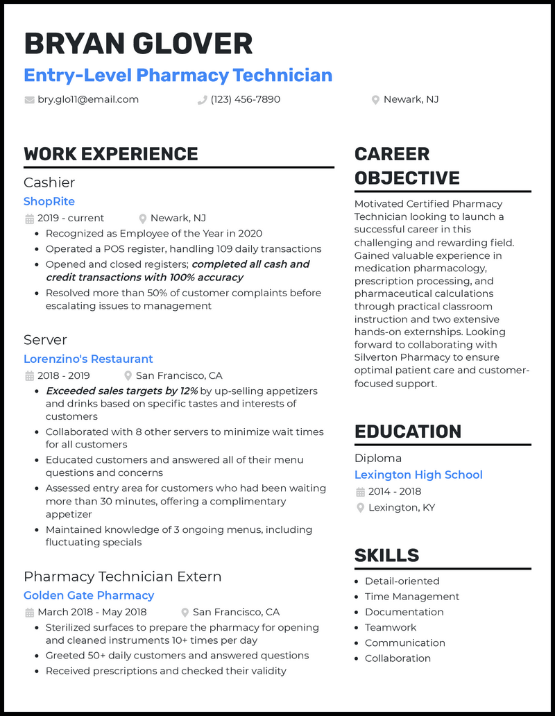 Entry level pharmacy technician resume example with no experience