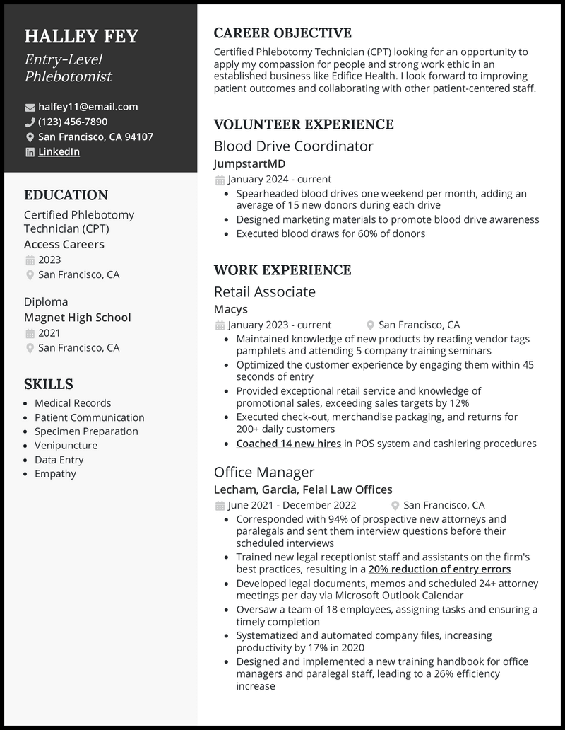 3 Entry Level Phlebotomist Resume Examples   Entry Level Phlebotomist Elegant Resume Example 