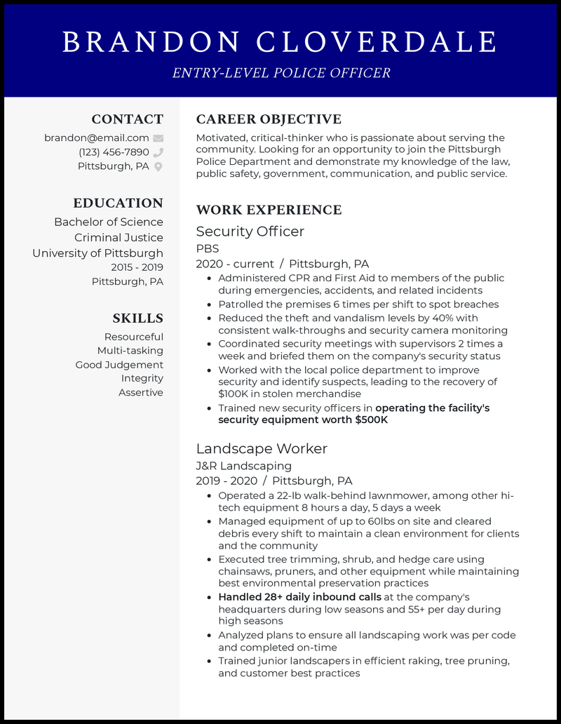 entry level police officer resume objective examples