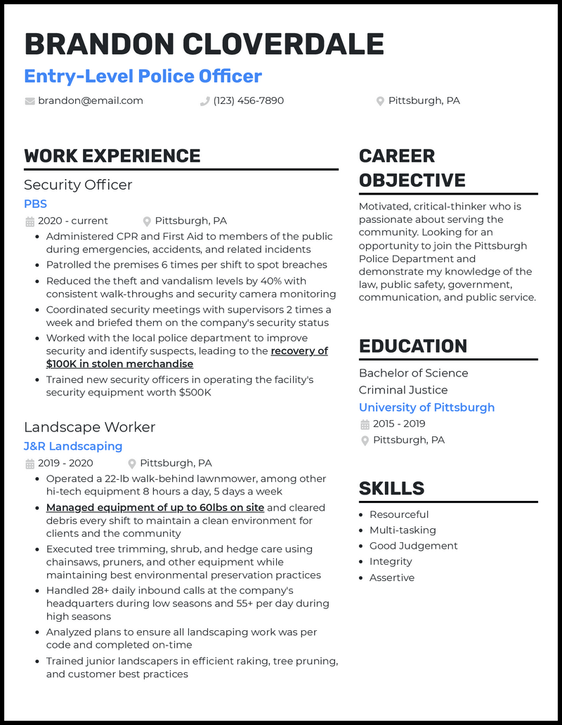 3 EntryLevel Police Officer Resume Examples for 2024