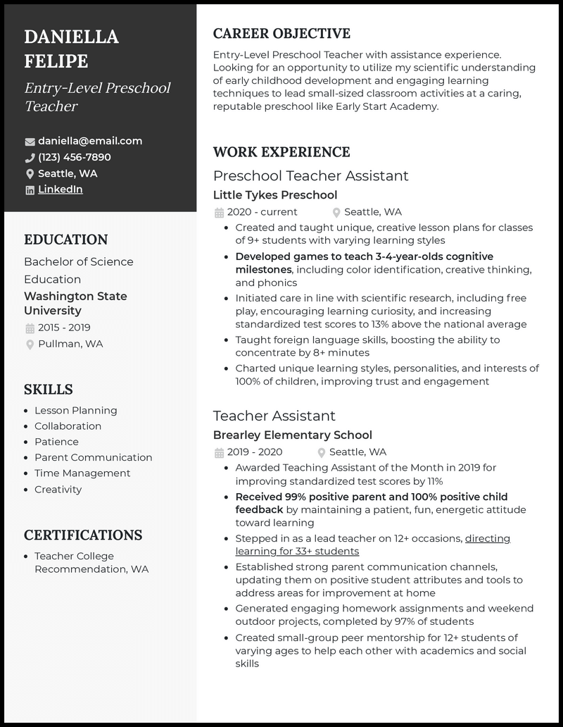 3 Entry-Level Preschool Teacher Resume Examples in 2023