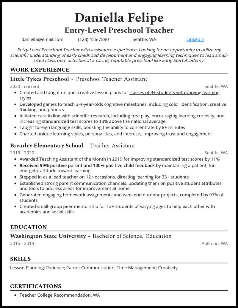 3 Entry Level Preschool Teacher Resume Examples In 2023   Entry Level Preschool Teacher Professional Resume Example 