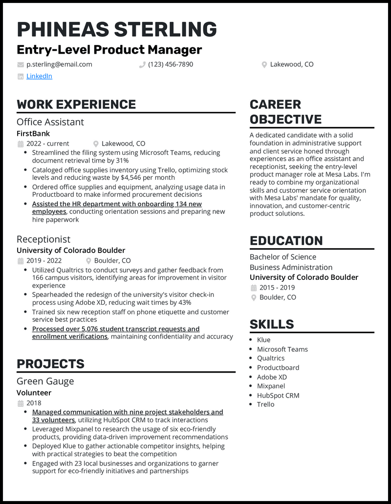 5 EntryLevel Product Manager Resume Examples for 2024
