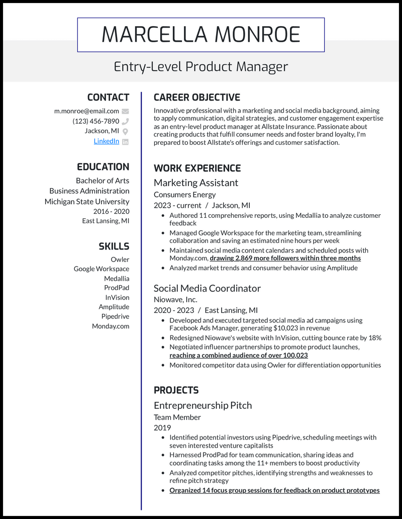 5 EntryLevel Product Manager Resume Examples for 2024