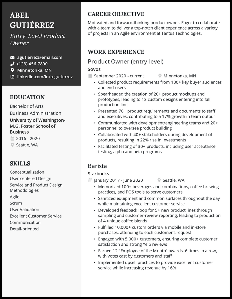 Entry-level product owner resume example with 3 years of experience