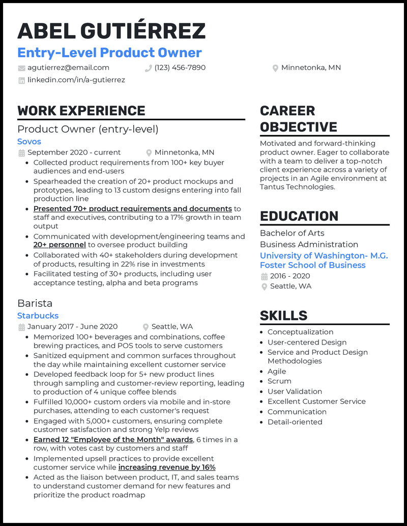 3 Entry-Level Product Owner Resume Examples for 2024