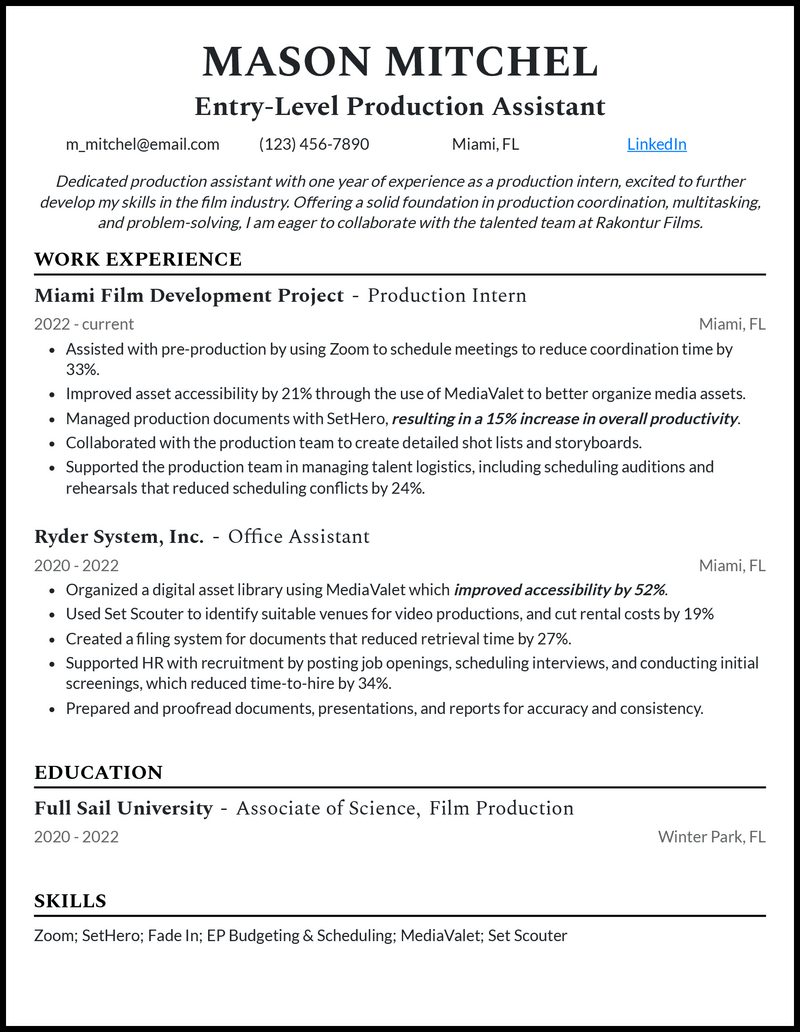 Entry-level production assistant resume example with 1 year of experience