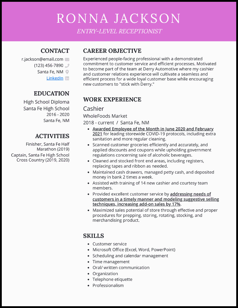 Entry-level receptionist resume example 