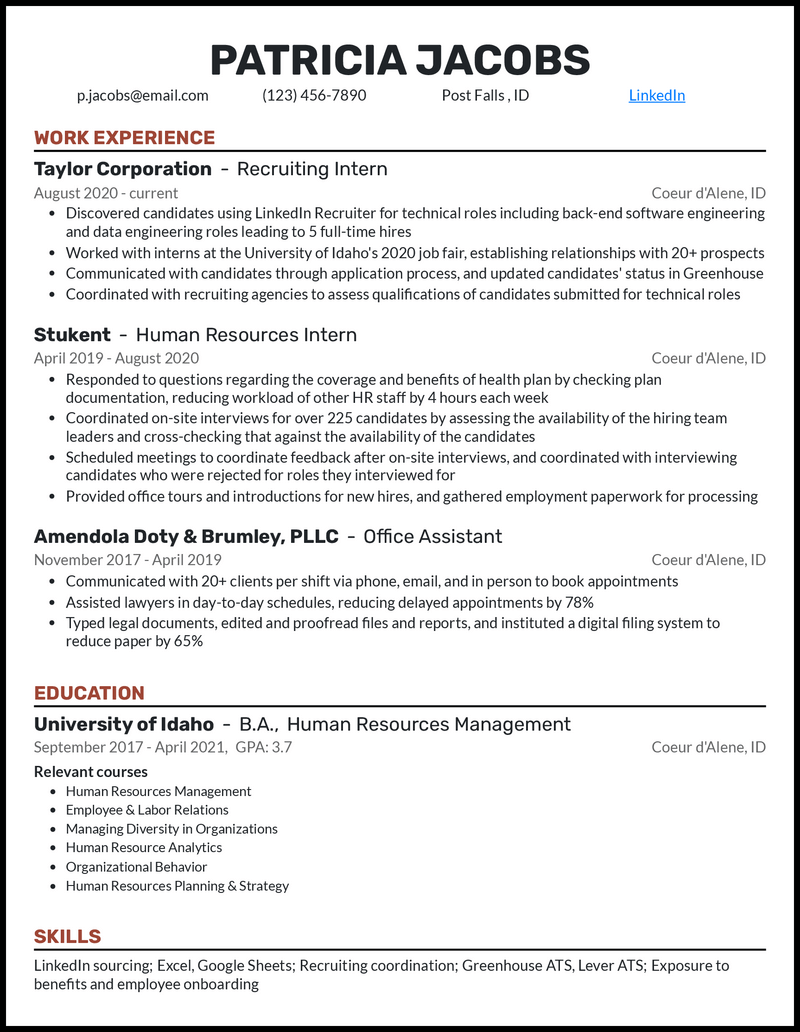 Clean entry level recruiter resume example