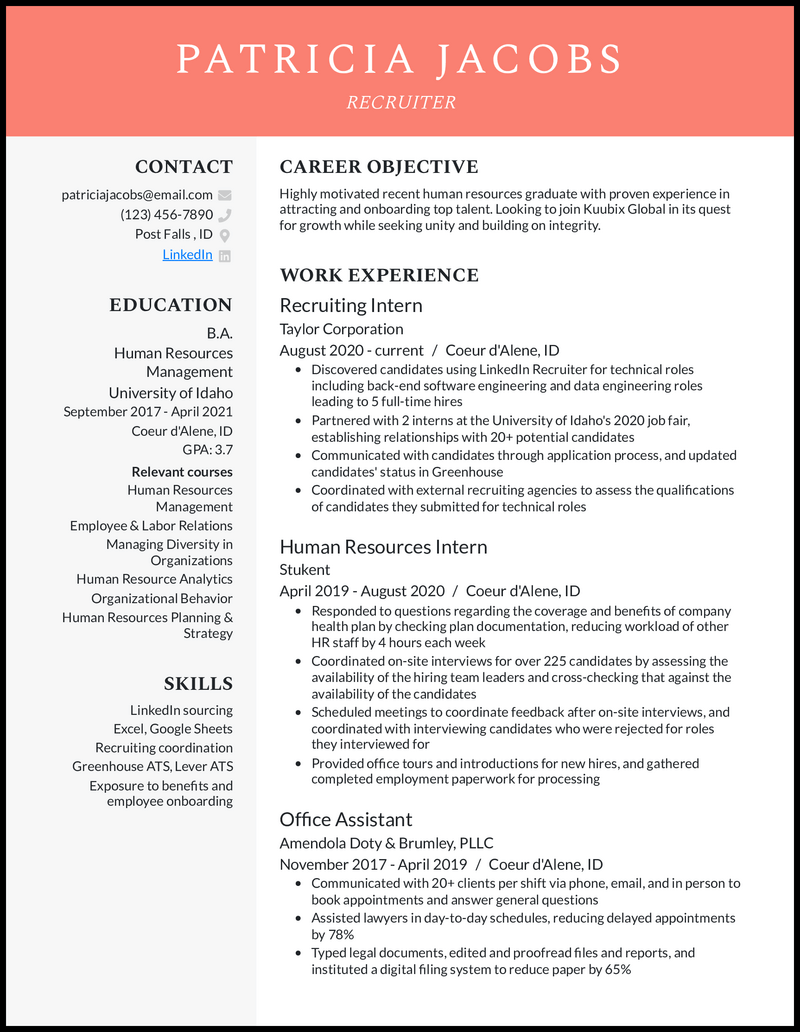 Recruiter Resume Example/sample 11 Top Recruiter Resume Examples That Worked in 2024