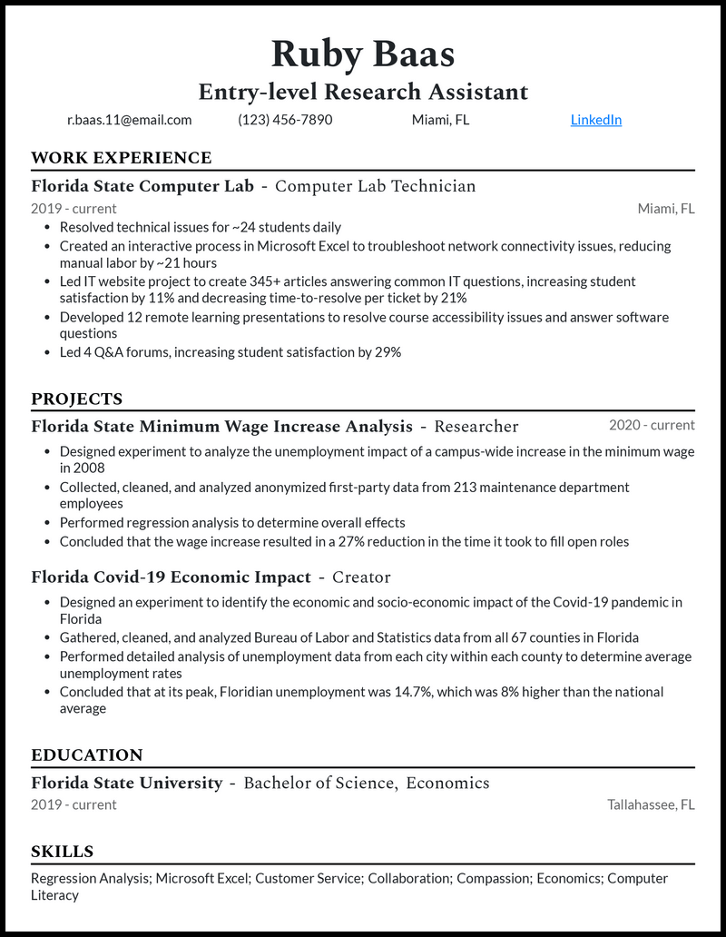 Entry level research assistant resume example with computer lab technician experience