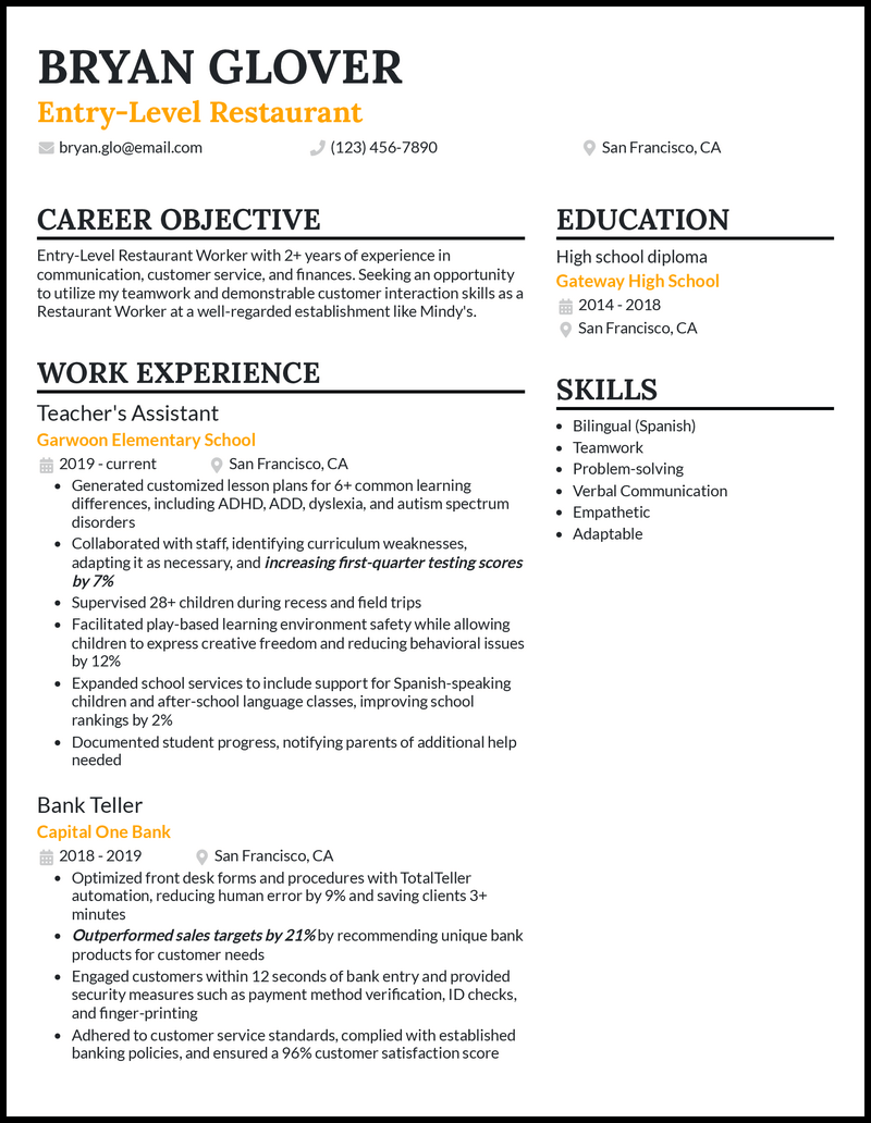 resume for restaurant no experience