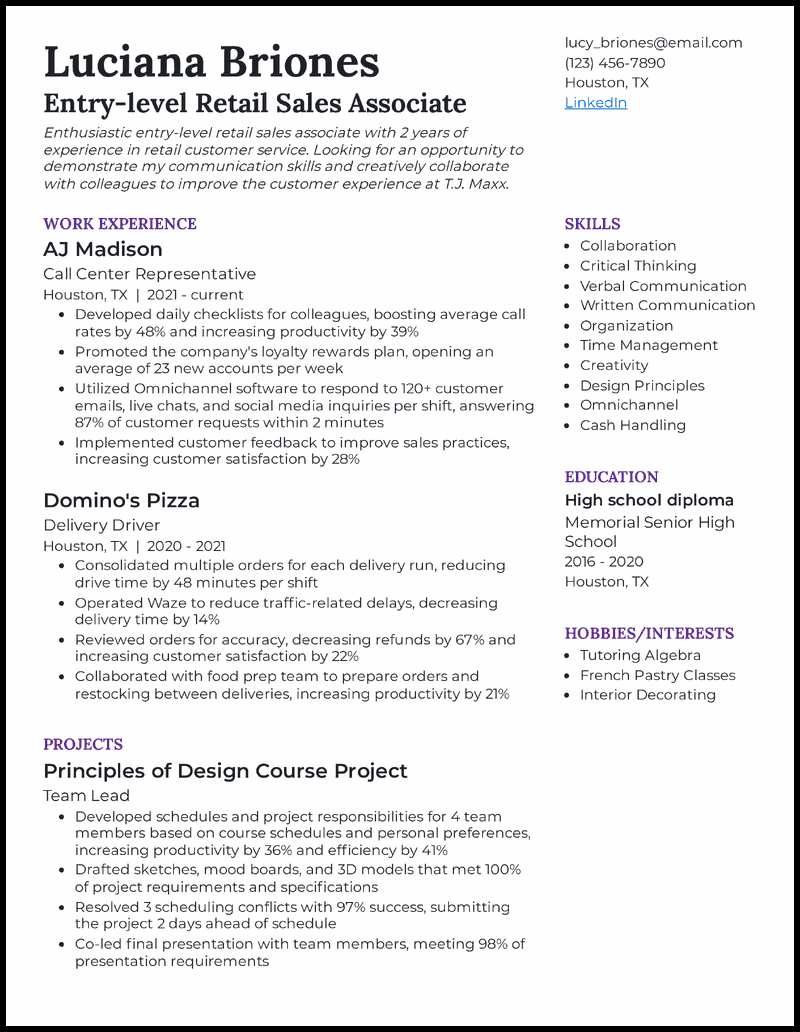 Entry-level retail sales associate resume example with 3 years of experience