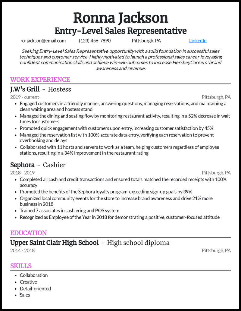 sales rep resume example