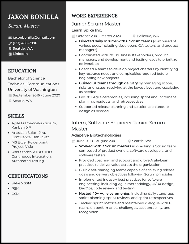 Entry level scrum master resume example with no experience