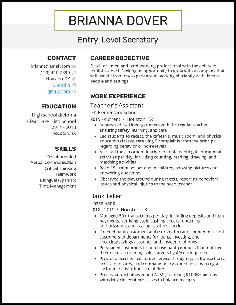 Entry-level secretary resume example with 2 years of experience