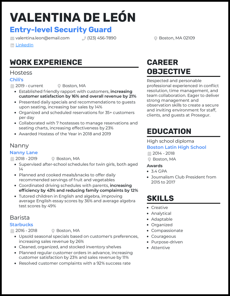 5 Entry Level Security Guard Resume Examples For 2024   Entry Level Security Guard Standout Resume Example 