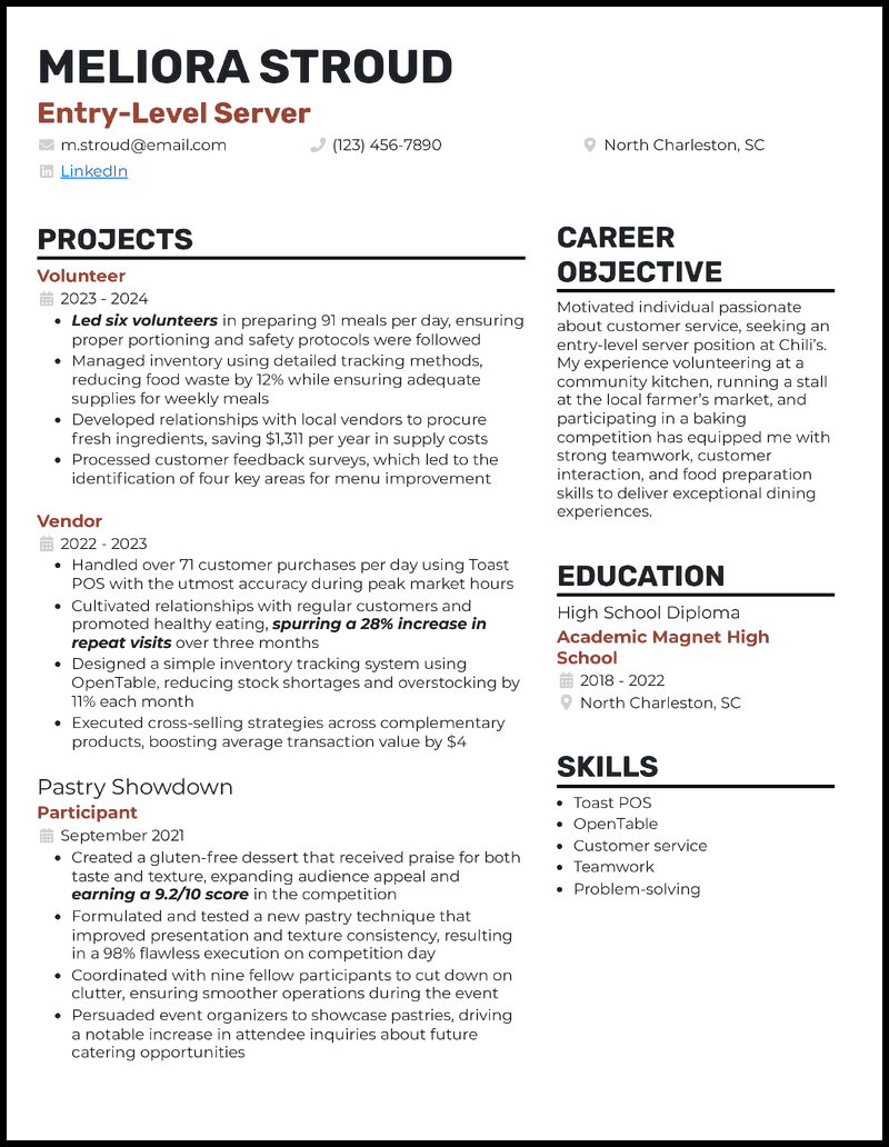 Entry-Level server resume example