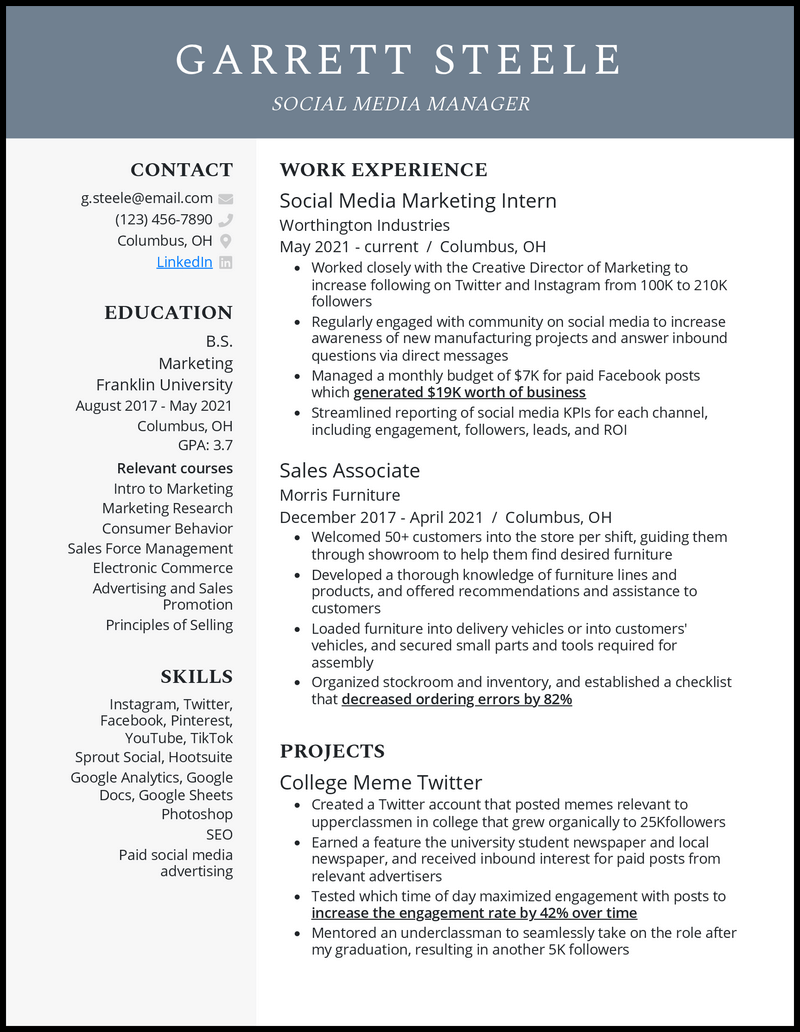 Entry level social media manager resume example with no experience