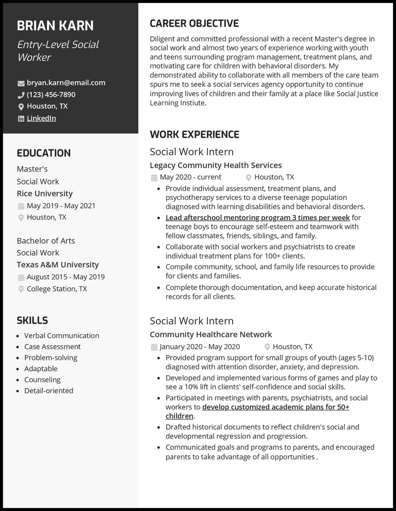 sample resume for social worker with no experience