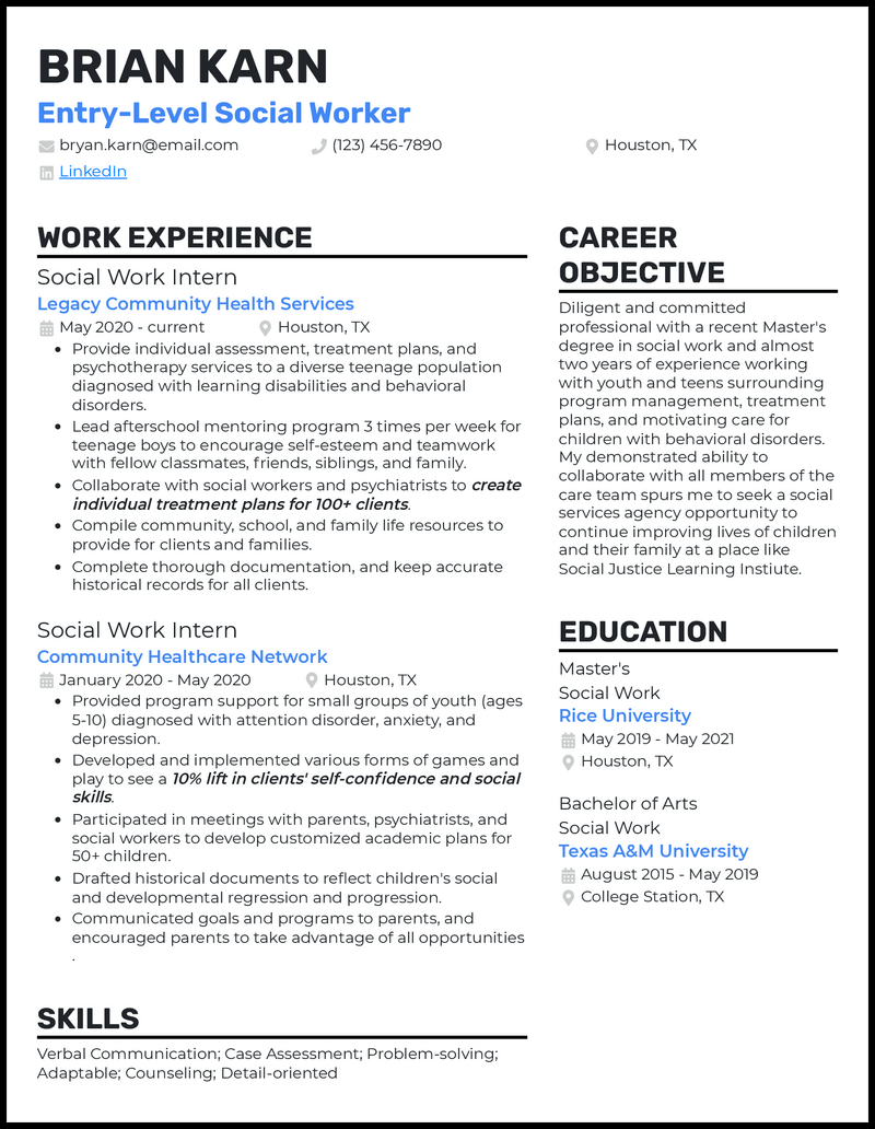 social worker resume highlights