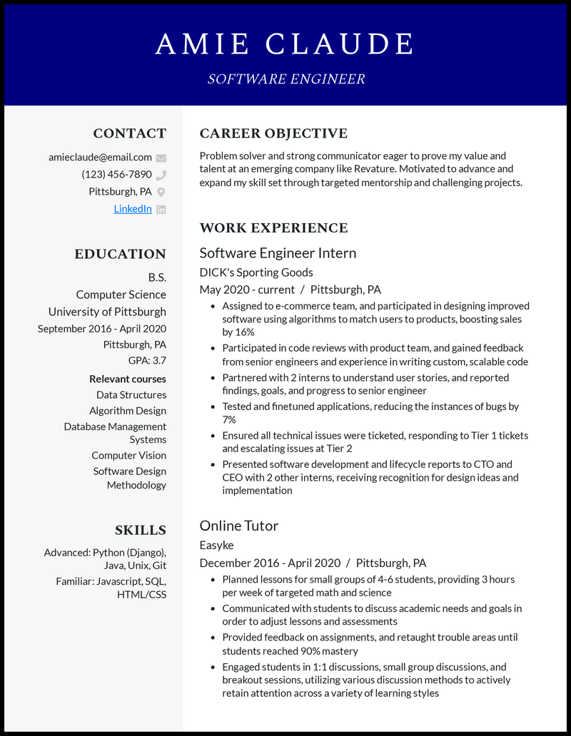 Formal entry level software engineer resume example