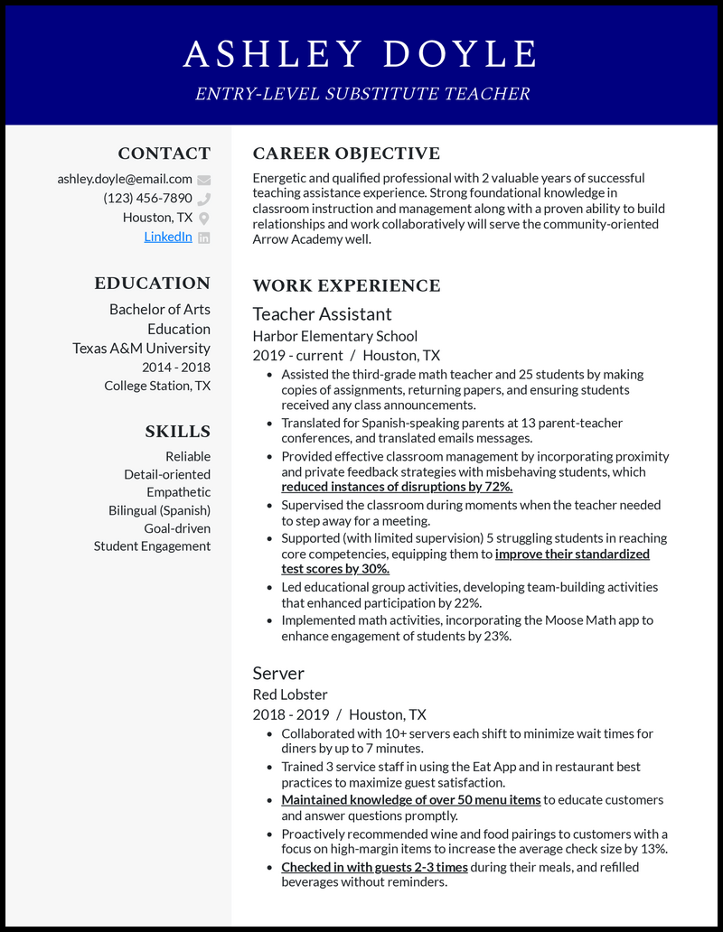 3 Entry Level Substitute Teacher Resume Samples For 2024   Entry Level Substitute Teacher Official Resume Example 