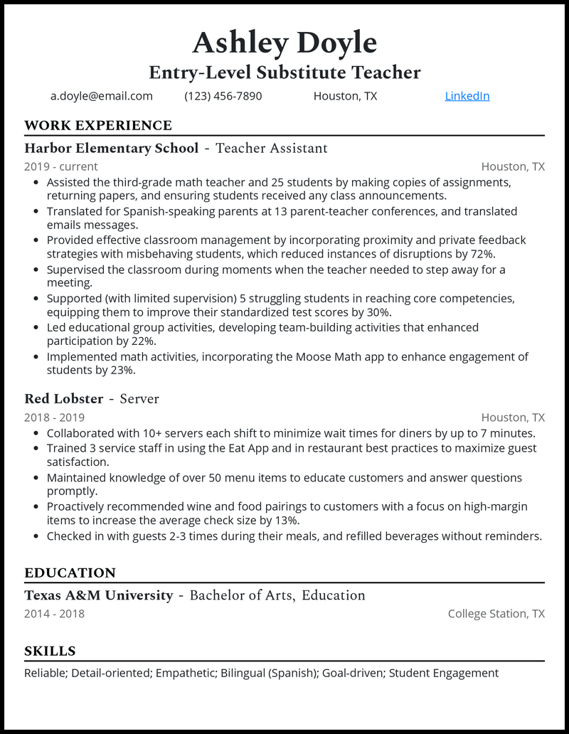 resume for entry level teacher