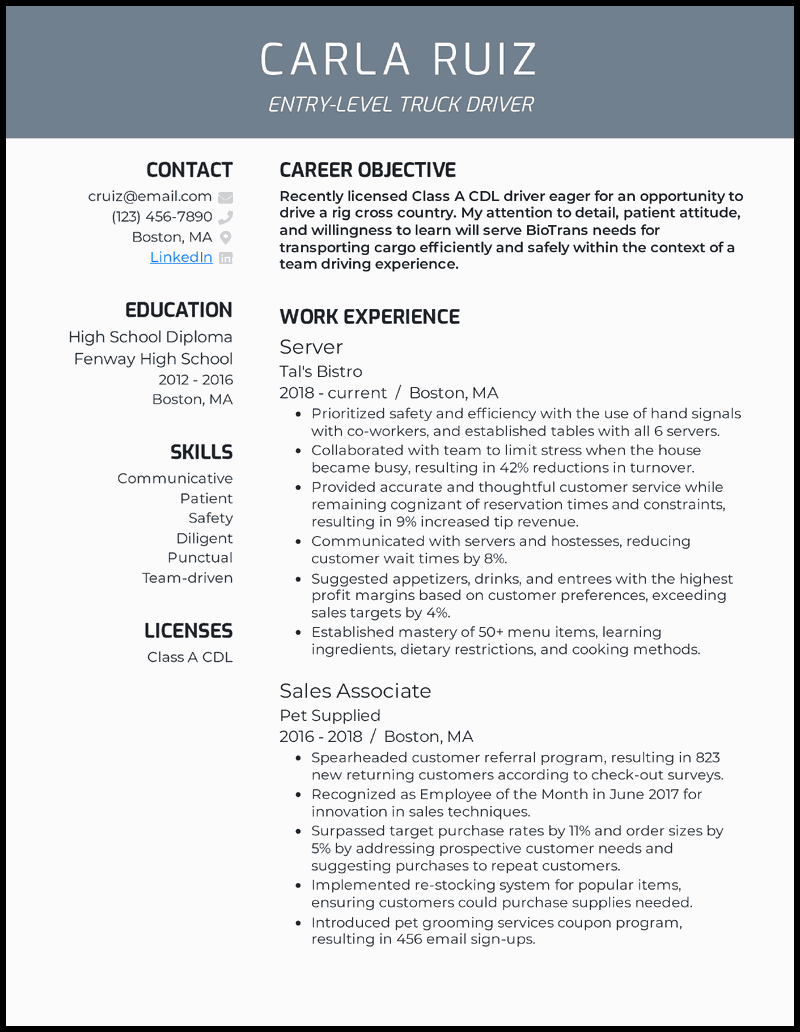 Truck Driver Resume Examples Printable Templates   Entry Level Truck Driver Resume Example 