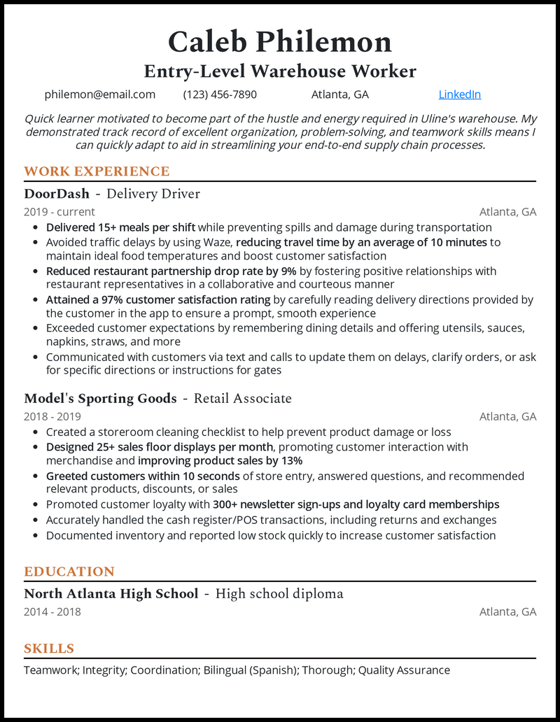 Warehouse Stocker Resume Sample   Entry Level Warehouse Worker Resume Example 