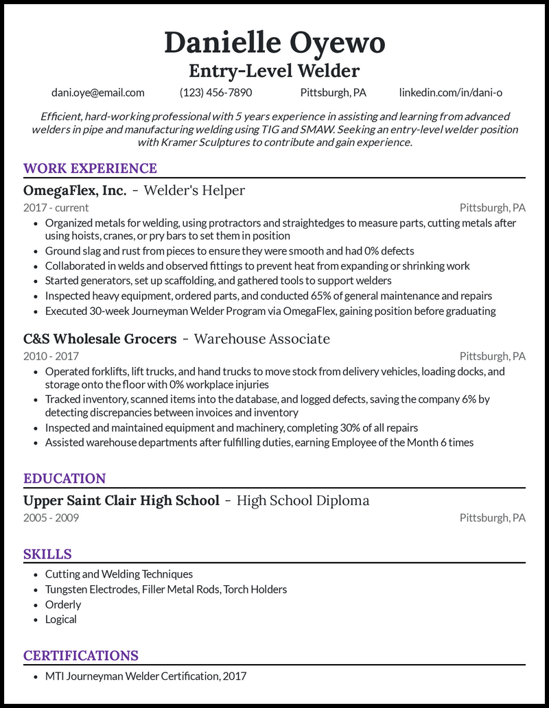 Entry-level welding resume example  with 6 years of experience